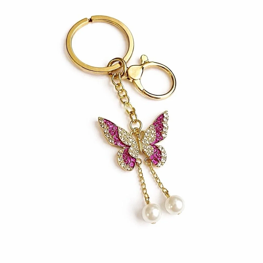 Purple Butterfly Gold Tone Keychain Purse Charm Rhinestone & Metal Clip 3.75